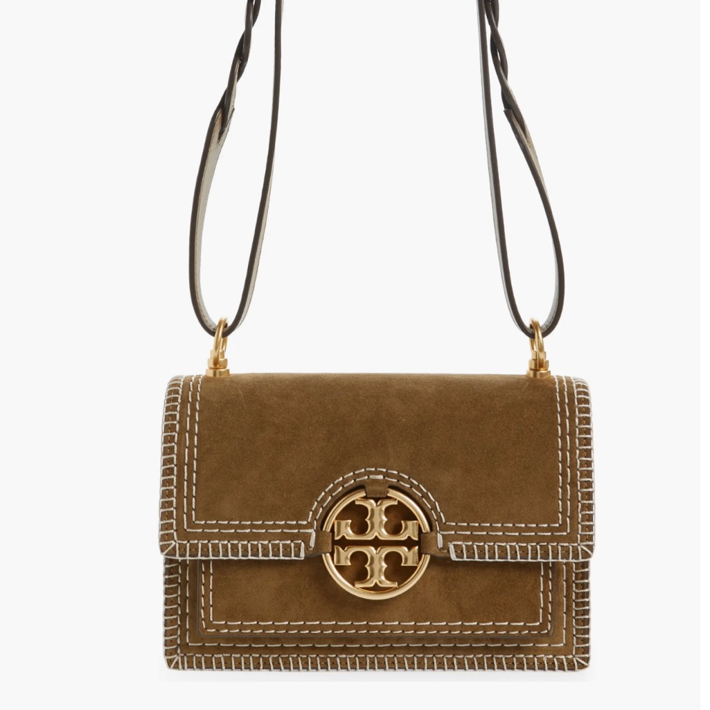 Tory Burch Miller Small Suede Shoulder Bag In Toasted Sesame